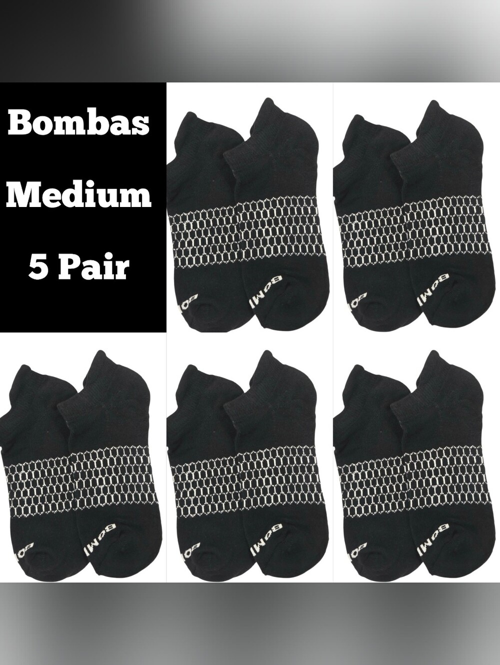 Bombas Medium Ankle Socks Black & White 5 Pair BNWT Unisex Honeycomb Arch Suppor